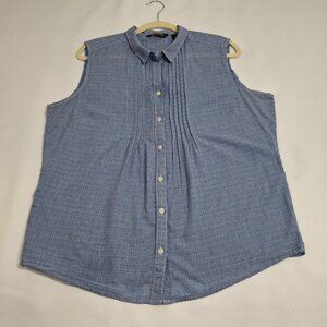 Eddie Bauer Pintuck Cotton Batiste Sz L Collared Sleeveless Shirt Raw Sleeve Arm
